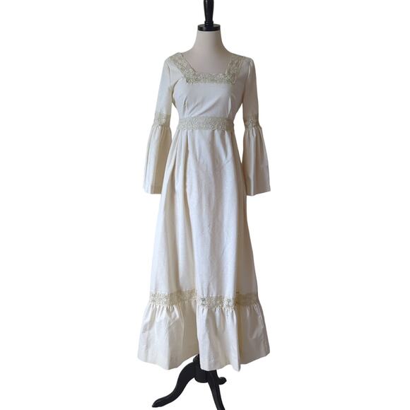 Couriers California Vtg 70s Cottagecore Prairie Maxi Dress Cream Lace Flare XS/S - Picture 8 of 12